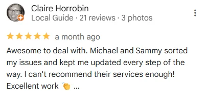 Five star Google review praising the Plumbed Right team for sorting the problem and keeping the customer updated throughout the job
