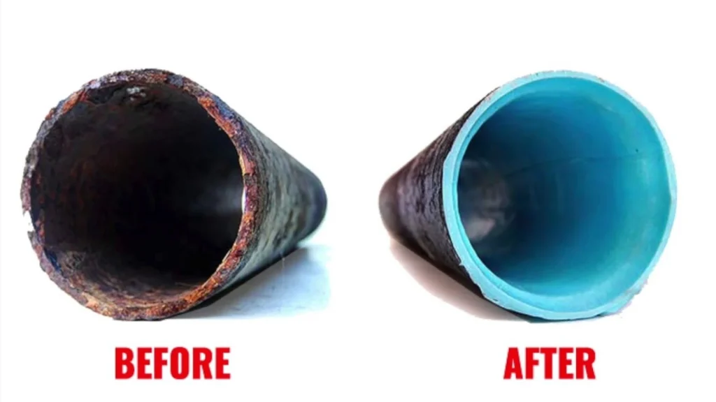 Before and after comparison of a sewer pipe, rusted and corroded on the left and smooth blue relined pipe on the right