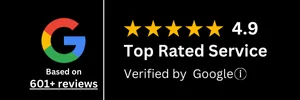 Google review badge showing a 4.9 star rating and Top Rated Service, based on more than 601 reviews