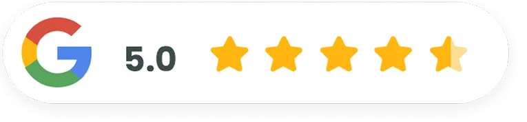 Google rating pill showing 5.0 out of five stars
