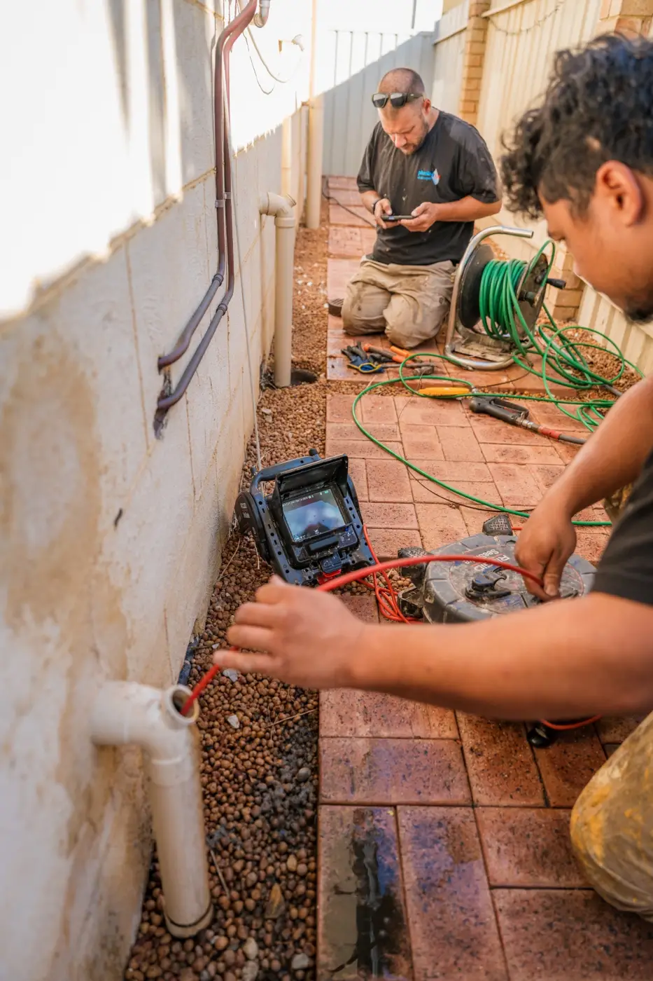 Plumbed Right techs running a drain camera at a side-passage pit