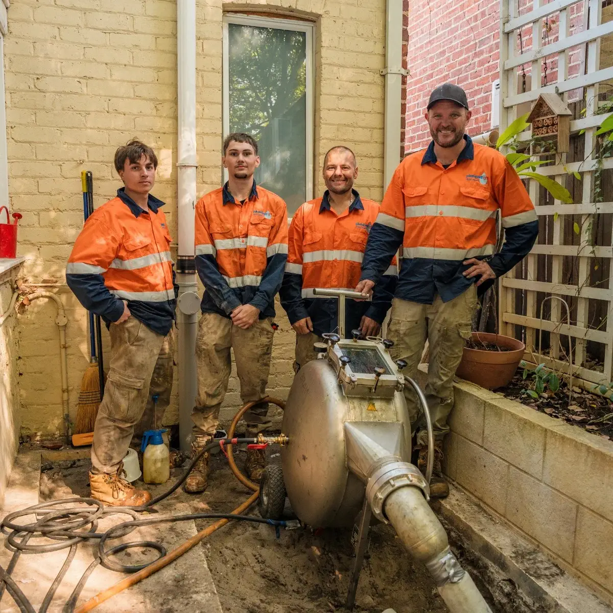 Four Plumbed Right staff in hi-vis beside the trailer jetter
