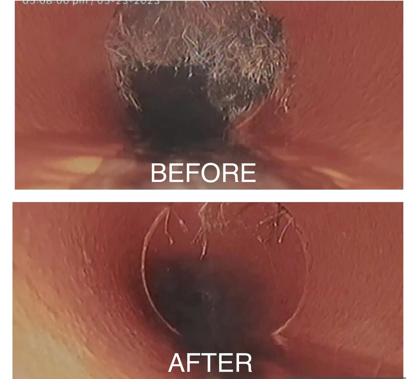 Two CCTV frames of the same pipe, roots blocking it and then cleared