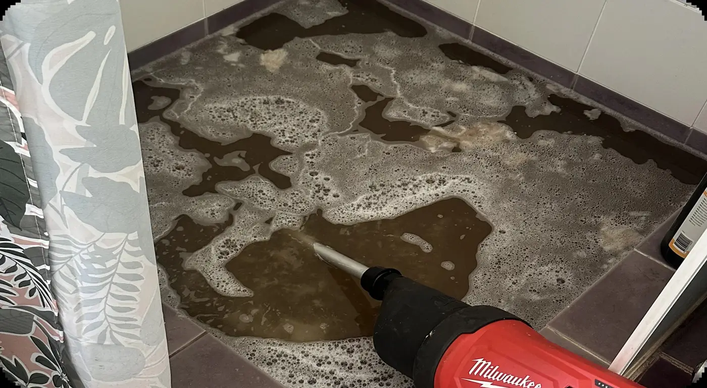 Flooded shower base with scum around the drain